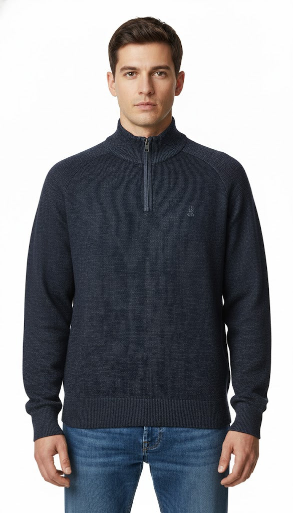 Men's Textured Quarter-Zip Sweater with Contrast Trim - Navy