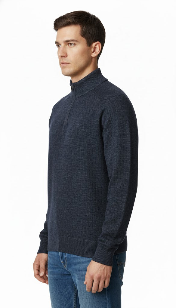 Men's Textured Quarter-Zip Sweater with Contrast Trim - Navy