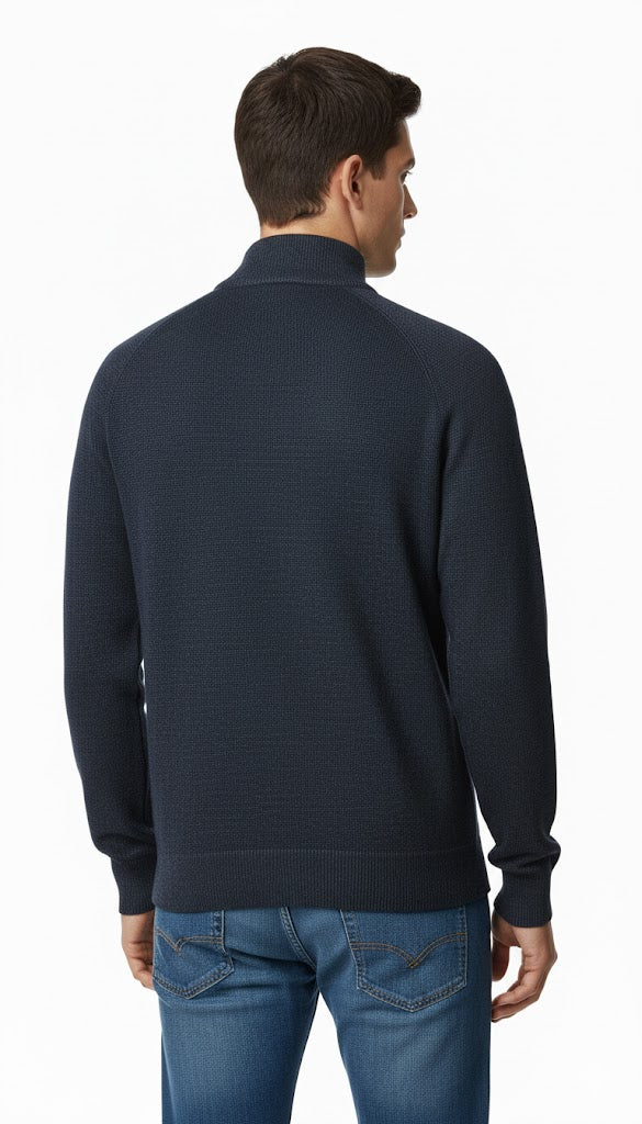 Men's Textured Quarter-Zip Sweater with Contrast Trim - Navy
