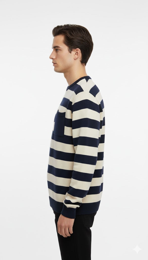 Breton Stripe Sweater with Chest Pocket - Navy & White