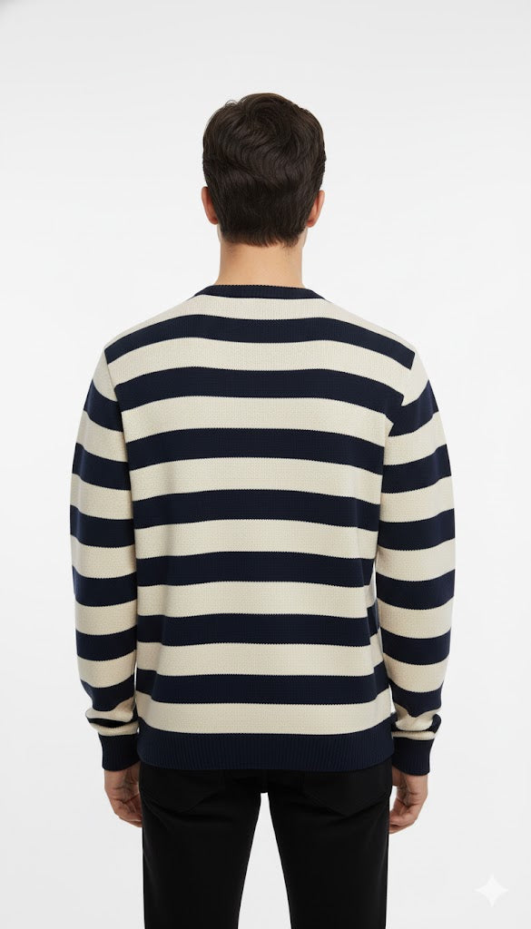 Breton Stripe Sweater with Chest Pocket - Navy & White