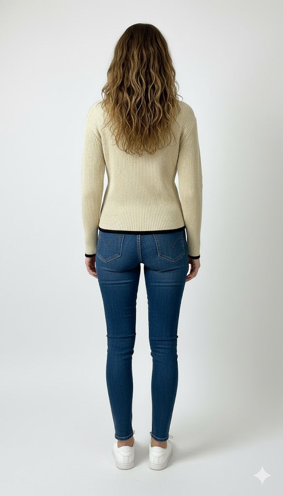 Women's Ribbed V-Neck Sweater with Contrast Trim