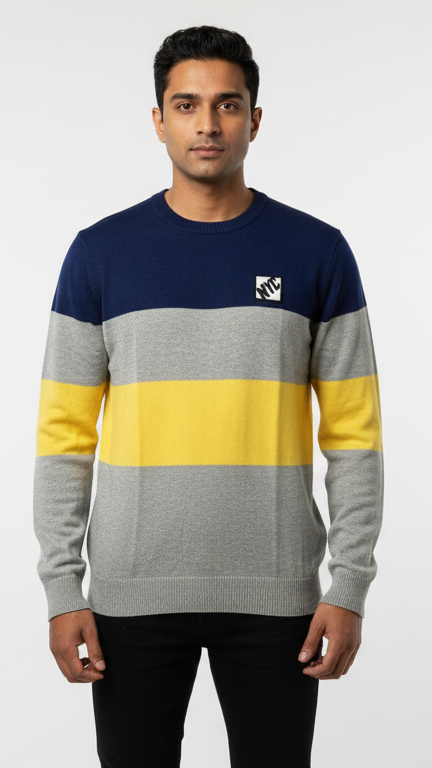 Men's Color-Block Crewneck Sweater - Navy, Yellow & Grey