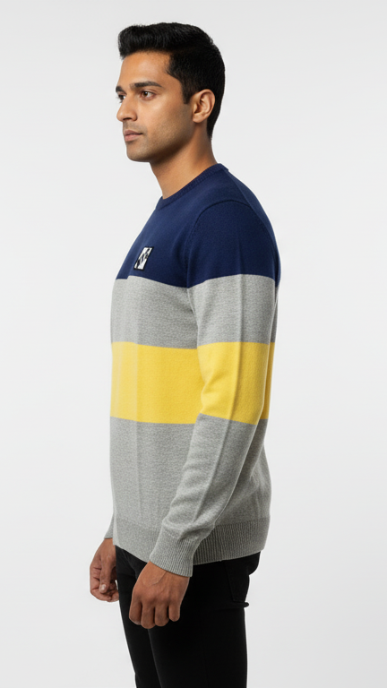 Men's Color-Block Crewneck Sweater - Navy, Yellow & Grey