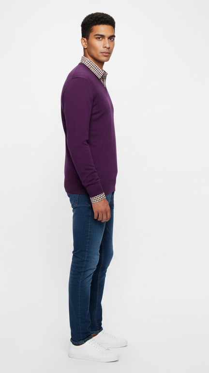 Men's Classic Fine-Knit V-Neck Sweater - Plum Purple