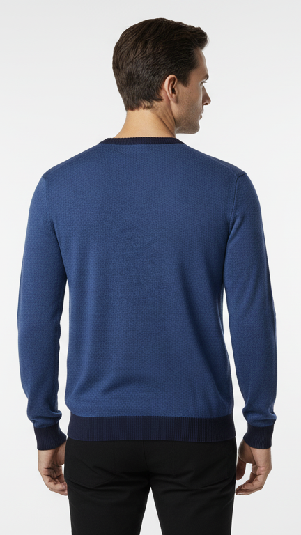 Men's V-Neck Sweater with Contrast Trim - Heather Blue