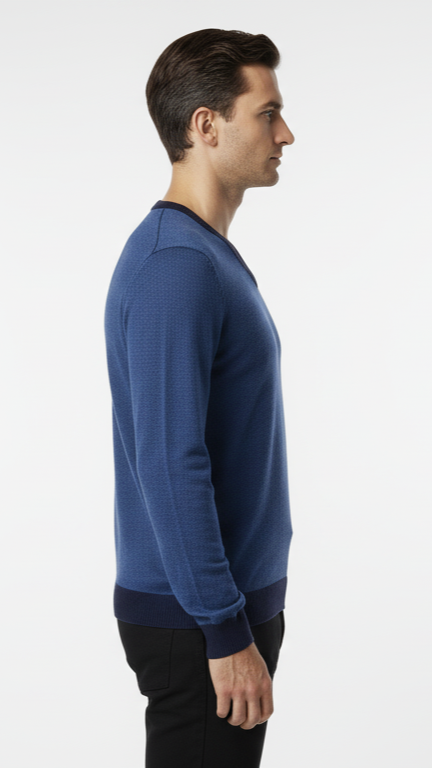 Men's V-Neck Sweater with Contrast Trim - Heather Blue
