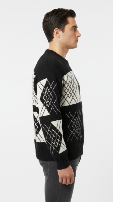 Men's Graphic Argyle Pattern Sweater - Black & White