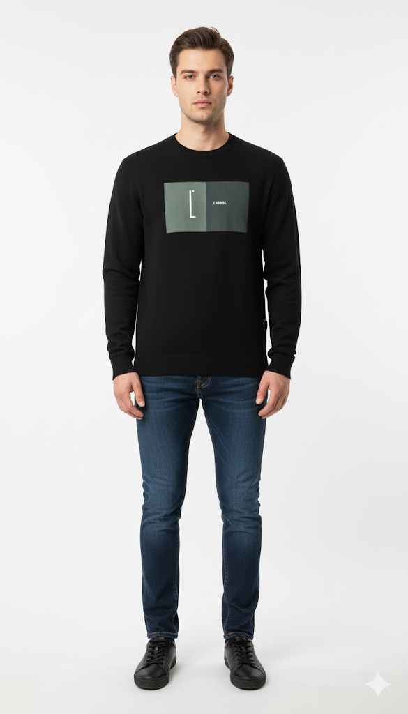 Men's Black Crew Neck Sweatshirt with "Travel" Graphic