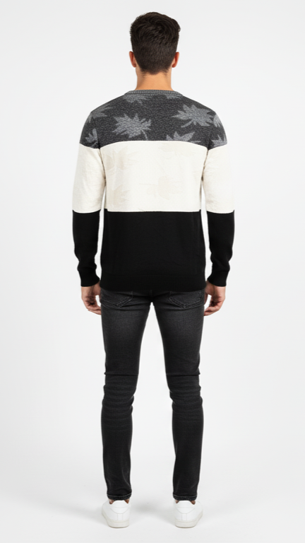 Men's Leaf Pattern Color-Block Sweater - Grey, White & Black