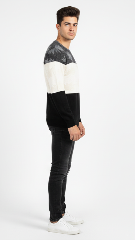 Men's Leaf Pattern Color-Block Sweater - Grey, White & Black