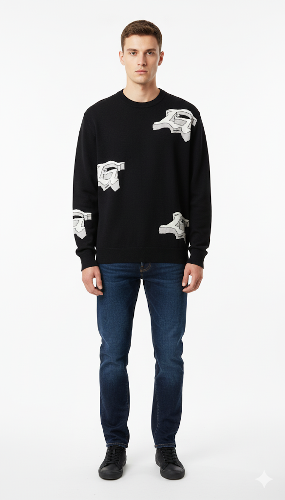 Men's Black Crew Neck Sweatshirt with Abstract White Designs