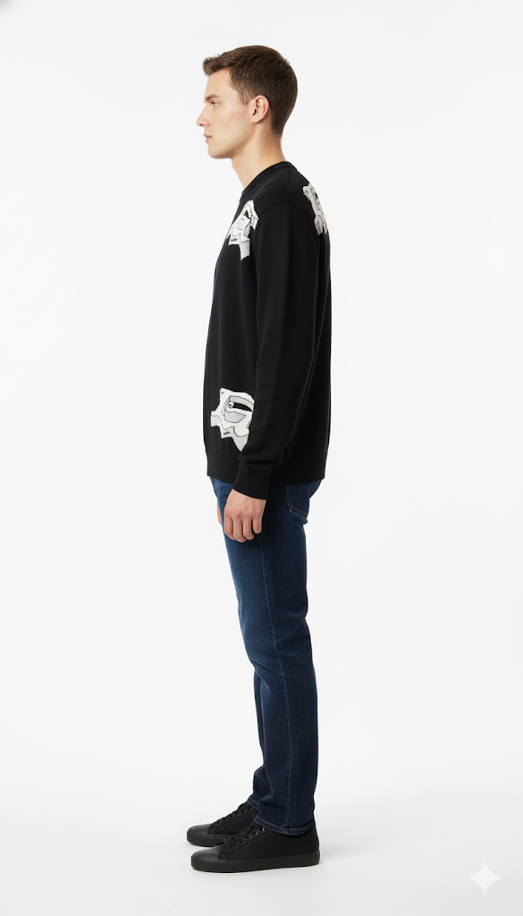 Men's Black Crew Neck Sweatshirt with Abstract White Designs