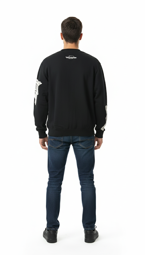 Men's Black Crew Neck Sweatshirt with Abstract White Designs