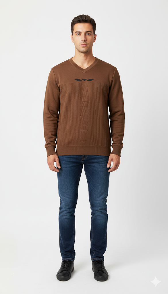 Men's Brown V-Neck Sweater with Textured Details