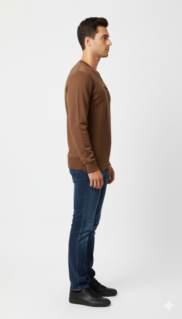 Men's Brown V-Neck Sweater with Textured Details