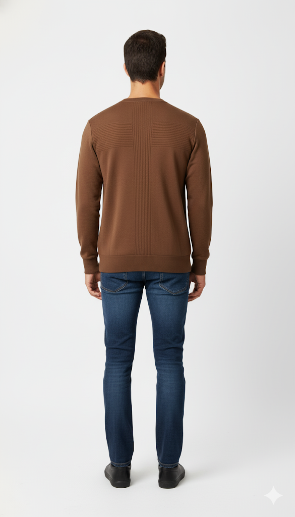 Men's Brown V-Neck Sweater with Textured Details