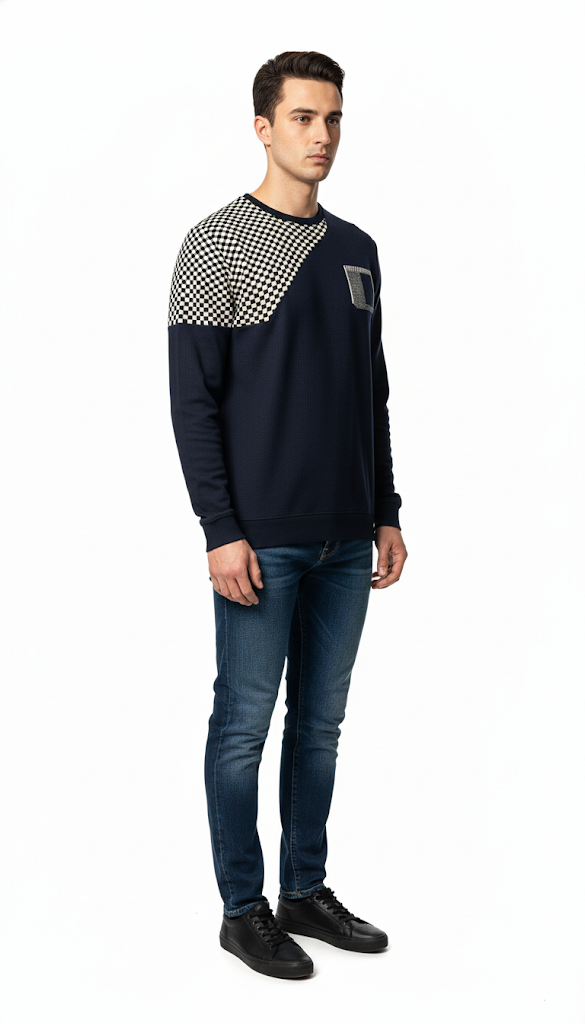 Men's Navy & Checkered Design Sweatshirt