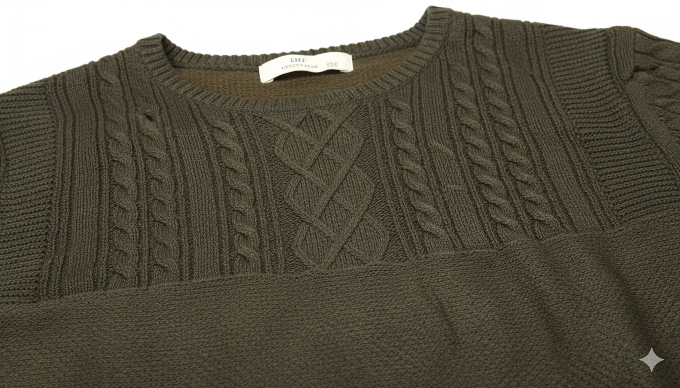 Men's Crewneck Sweater with Cable Knit Panel - Olive Green