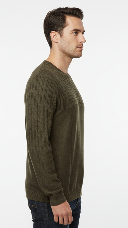 Men's Crewneck Sweater with Cable Knit Panel - Olive Green