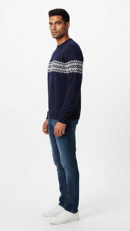 Men's Fair Isle Pattern Crewneck Sweater - Navy