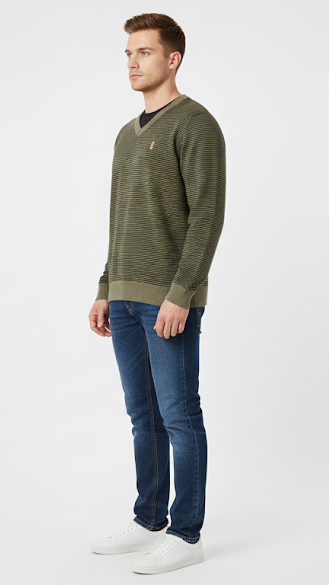 Men's Olive Green Striped V-Neck Sweater
