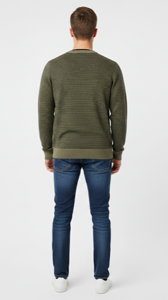 Men's Olive Green Striped V-Neck Sweater