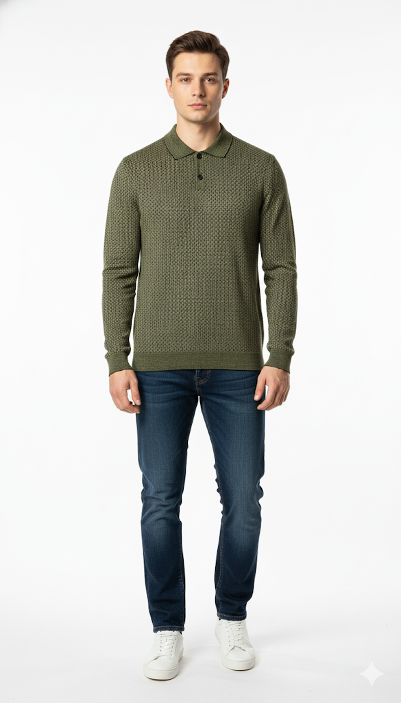 Casual Olive Knit Polo with Denim Jeans