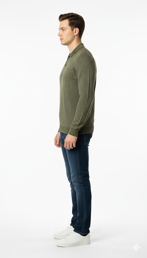 Casual Olive Knit Polo with Denim Jeans