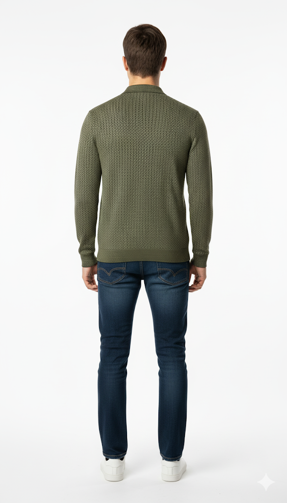 Casual Olive Knit Polo with Denim Jeans