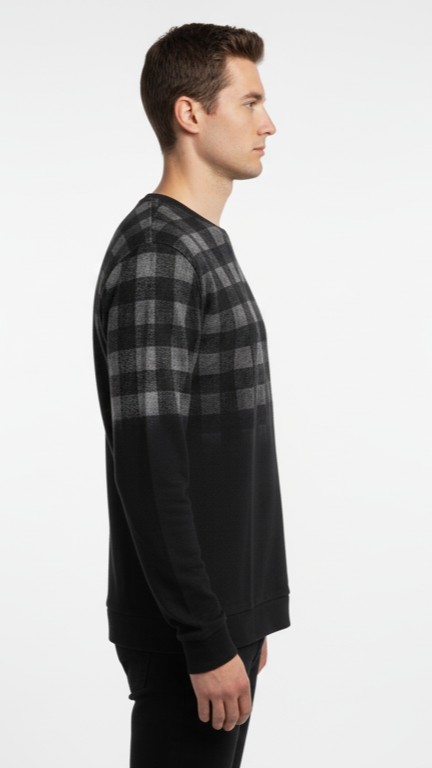 Men's Plaid Panel Crewneck Sweater - Black & Grey