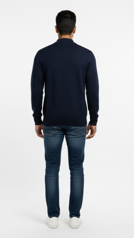 Men's Mock Neck Sweater with Vertical Stitch Detail - Navy