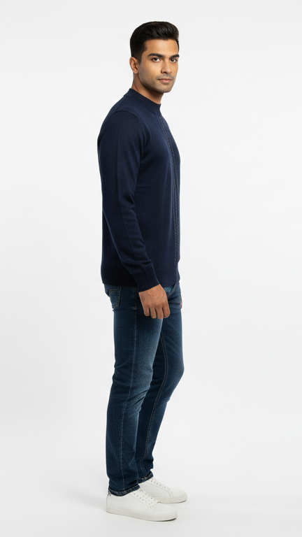 Men's Mock Neck Sweater with Vertical Stitch Detail - Navy