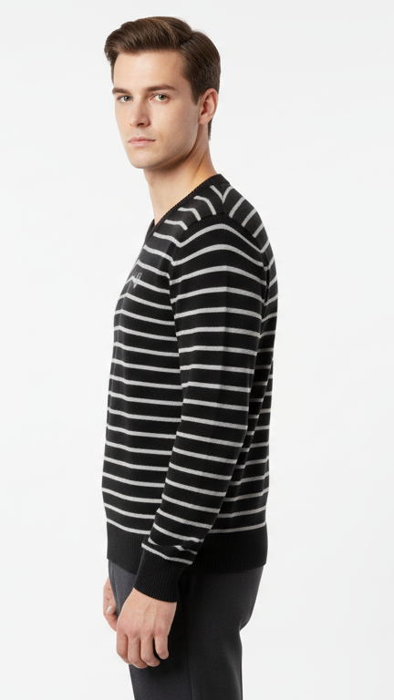 Men's Fine-Stripe V-Neck Sweater with Chest Crest - Black & Grey