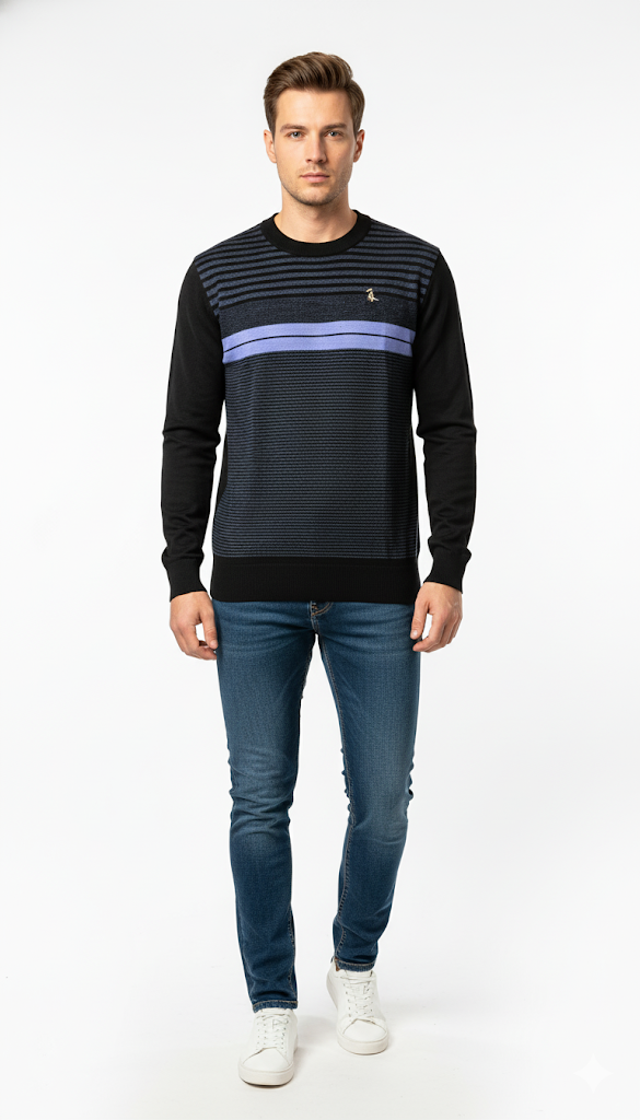 Black and Blue Striped Crew Neck Sweater