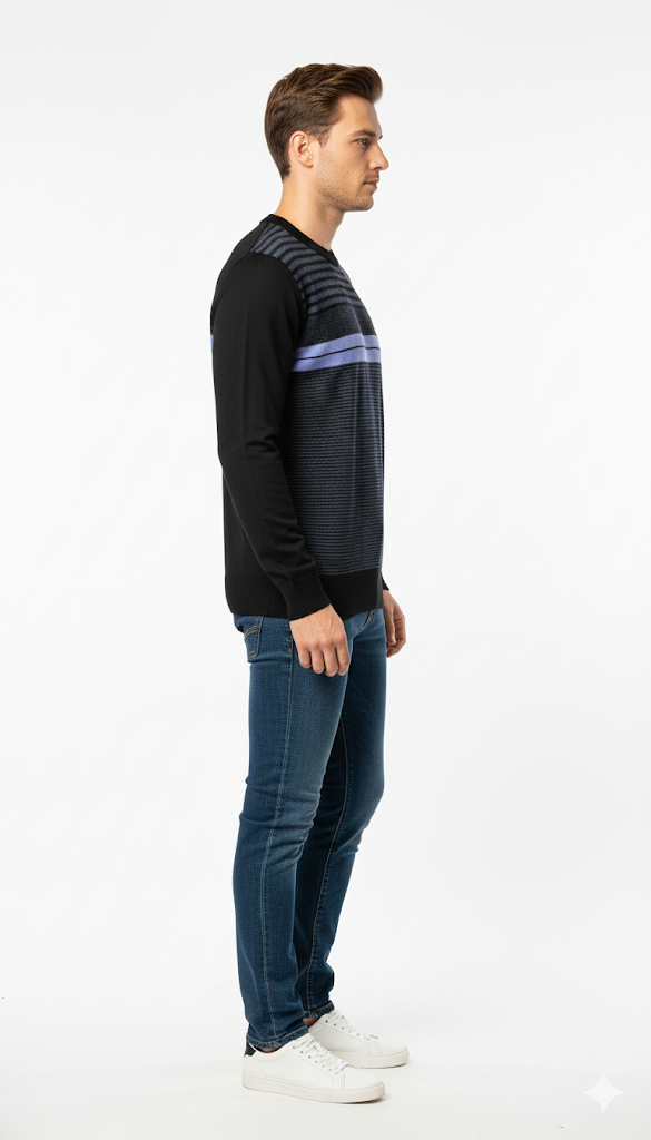 Black and Blue Striped Crew Neck Sweater