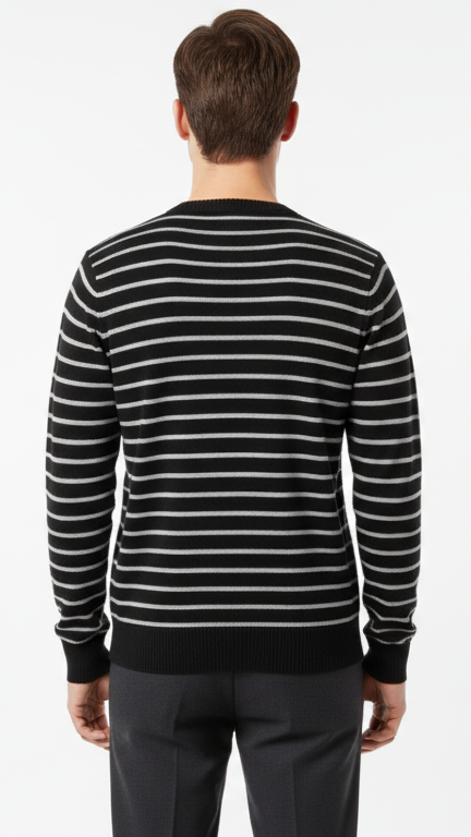 Men's Fine-Stripe V-Neck Sweater with Chest Crest - Black & Grey