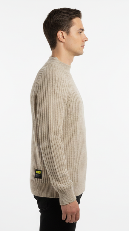 Men's Heavyweight Rib-Knit Mock Neck Sweater - Beige