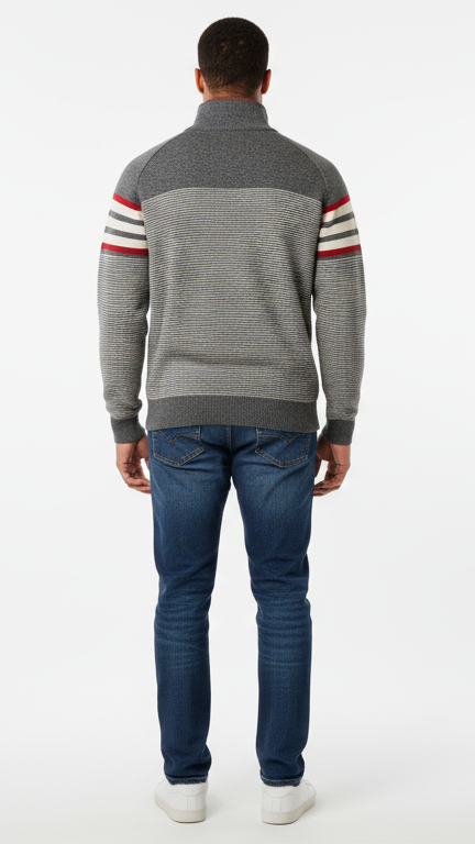 Men's Quarter-Zip Sweater with Retro Arm Stripes - Grey
