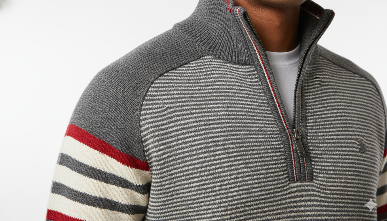 Men's Quarter-Zip Sweater with Retro Arm Stripes - Grey