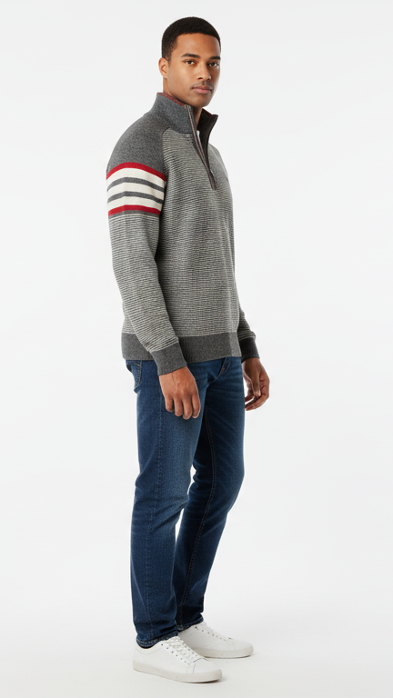 Men's Quarter-Zip Sweater with Retro Arm Stripes - Grey