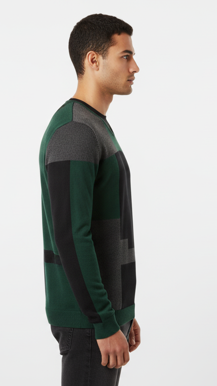 Men's Geometric Color-Block V-Neck Sweater - Green, Black & Grey
