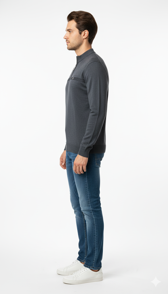 Men's Grey V-Neck Sweater with Striped Trim
