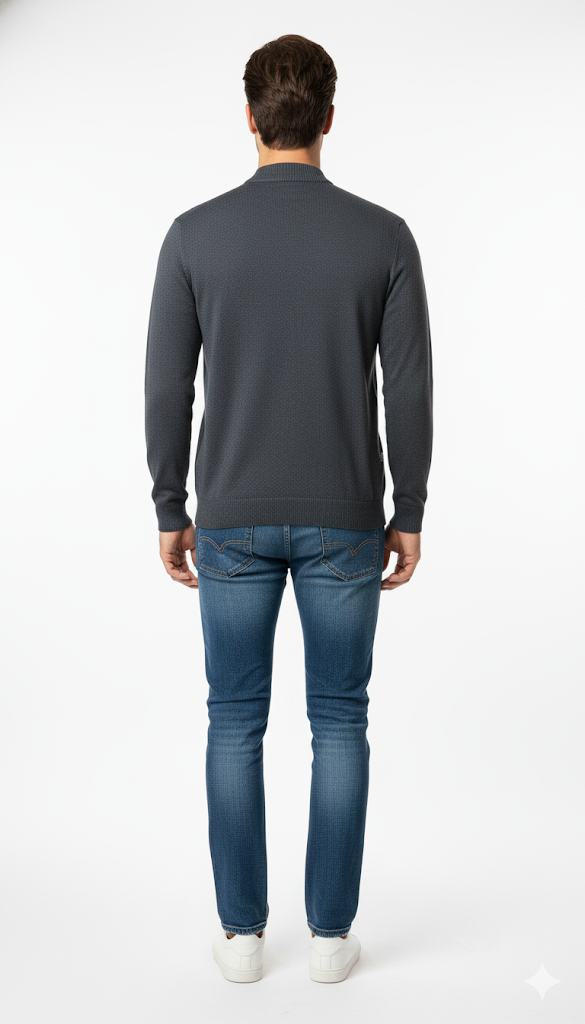 Men's Grey V-Neck Sweater with Striped Trim