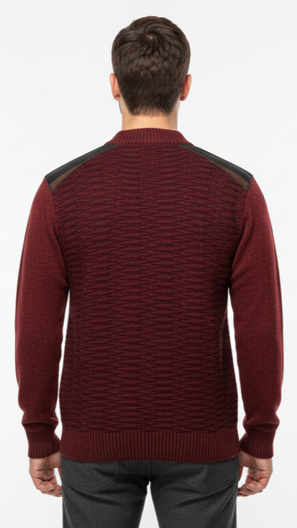 Men's Textured Sweater with Faux Leather Panels - Burgundy
