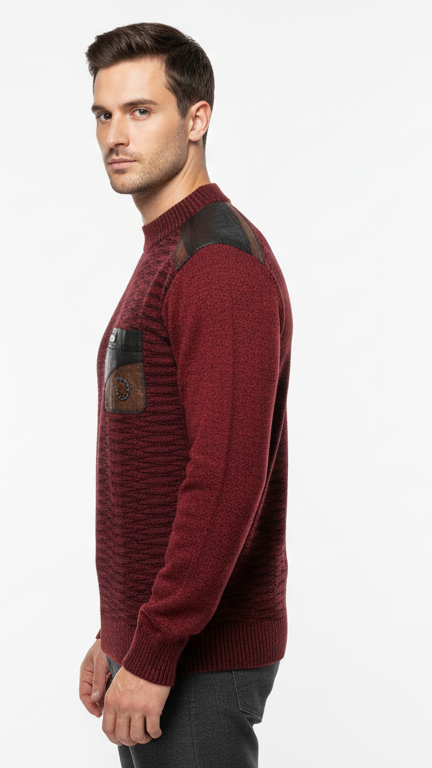 Men's Textured Sweater with Faux Leather Panels - Burgundy
