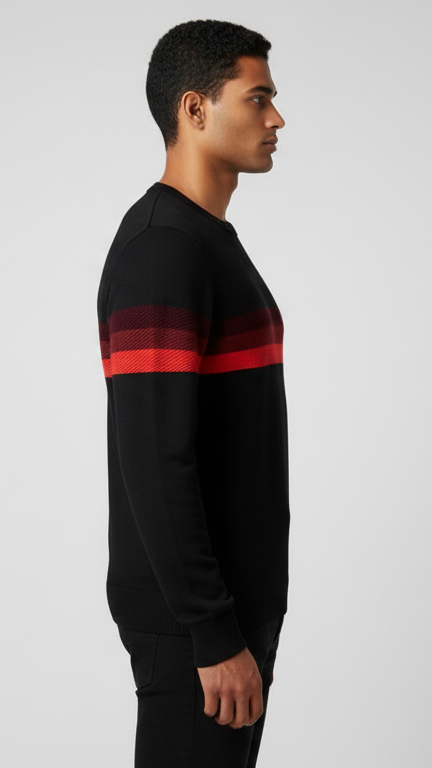 Men's Crewneck Sweater with Textured Gradient Stripe - Black & Red