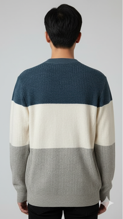 Men's Mixed-Knit Color-Block Sweater - Blue, White & Grey