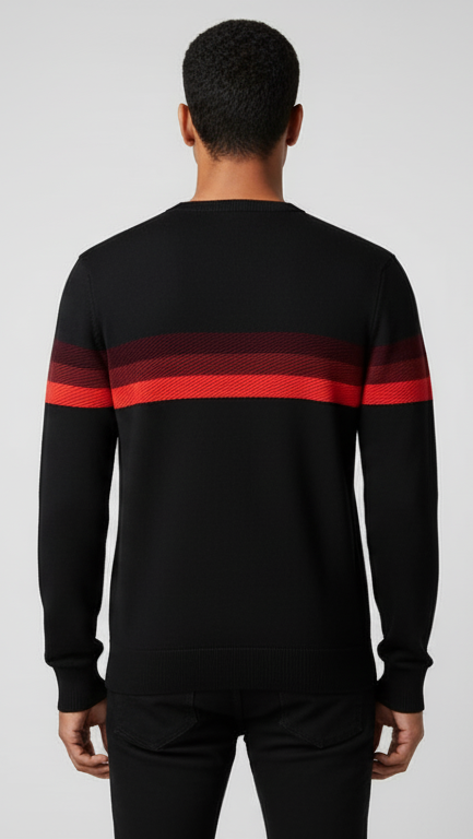 Men's Crewneck Sweater with Textured Gradient Stripe - Black & Red