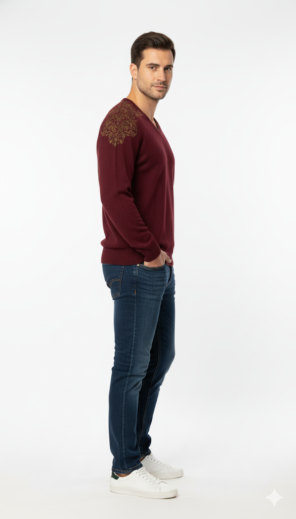 Elegant Maroon V-Neck Sweater with Motif Detail
